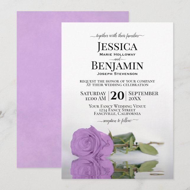 Invitación Rosa Lilac Morado de Larga Estela Elegante Boda (Anverso / Reverso)