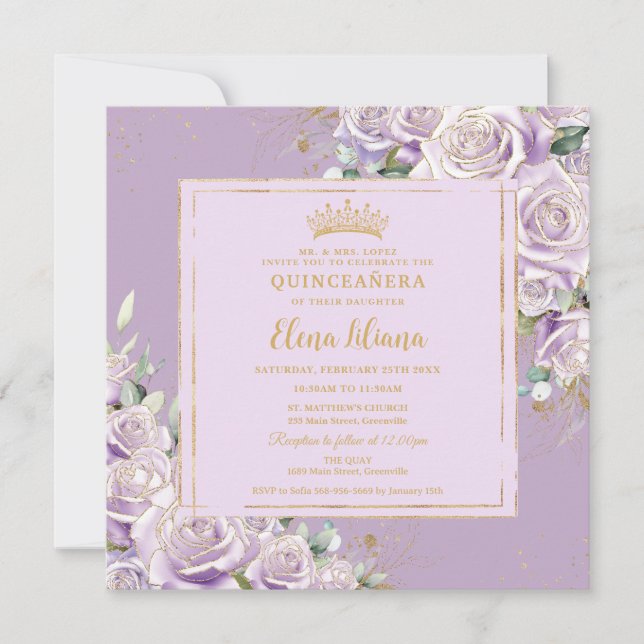 Invitación Rosa Lilac morado Floral Quinceanera dulce 16 oro (Anverso)
