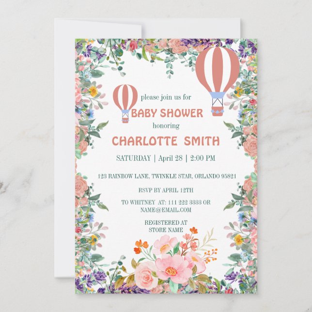 Invitación Rosa lindo Balón acuarela floral ducha de bebé (Anverso)