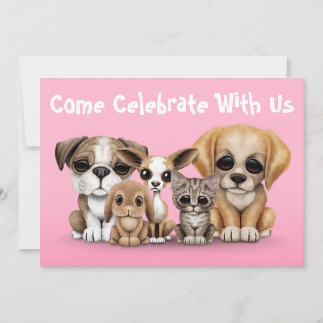 Invitación Rosa lindo del retrato de los perritos, del gatito (Anverso)