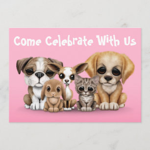 Invitación Rosa lindo del retrato de los perritos, del gatito
