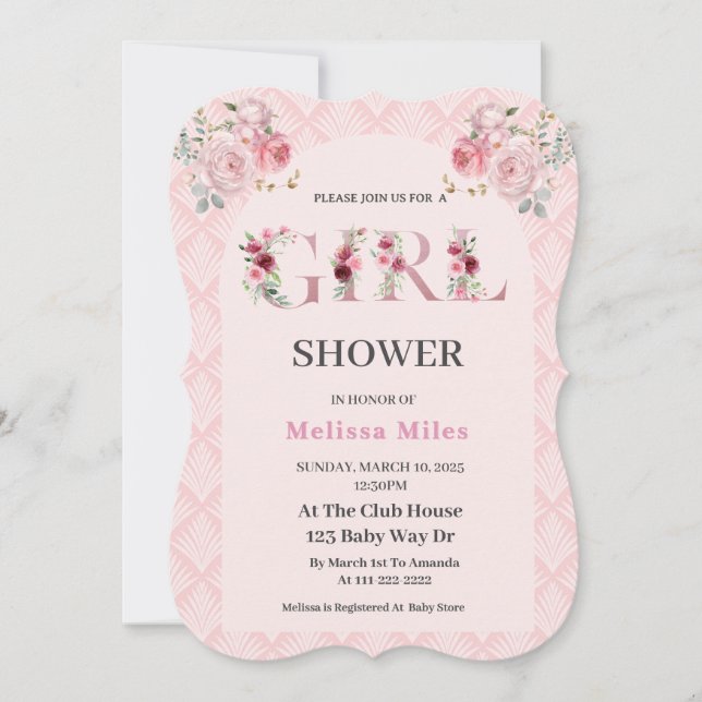 Invitación Rosa lindo Letras florales de oro Chica Bebé ducha (Anverso)