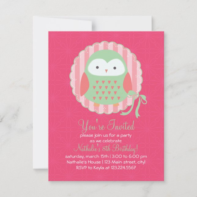 Invitación Rosa lindo retro del búho y fiesta de cumpleaños (Anverso)