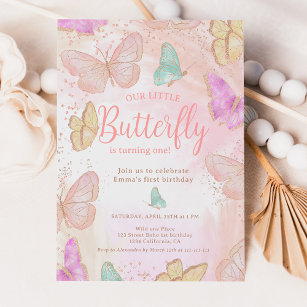 Invitación Rosa lindo un poco de moda mariposa primer cumplea