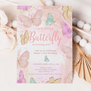 Invitación Rosa lindo un poco de moda mariposa primer cumplea