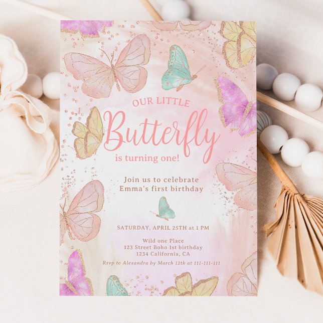 Invitación Rosa lindo un poco de moda mariposa primer cumplea (Subido por el creador)