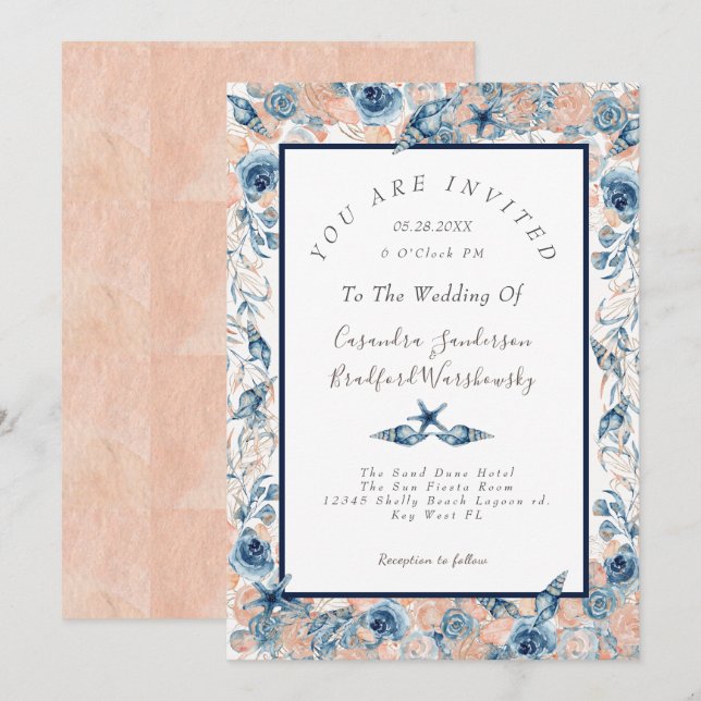 Invitación Rosa LT de flores de concha acuática Boda náutica (Anverso / Reverso)