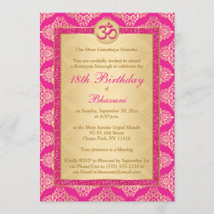 Invitación Rosa magenta hindú, Damasco de oro 18 cumpleaños