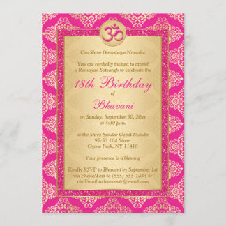 Invitación Rosa magenta hindú, Damasco de oro 18 cumpleaños