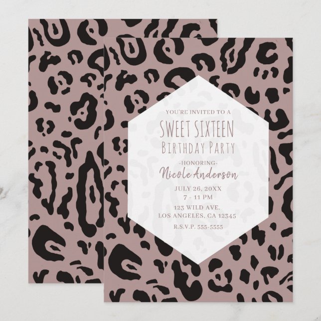 Invitación Rosa Malva Besado Guepardo Leopardo Dulce Fiesta D (Anverso / Reverso)
