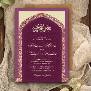 Invitación Rosa Malva Ciruela Dorado Brillo Mihrab Boda Musul