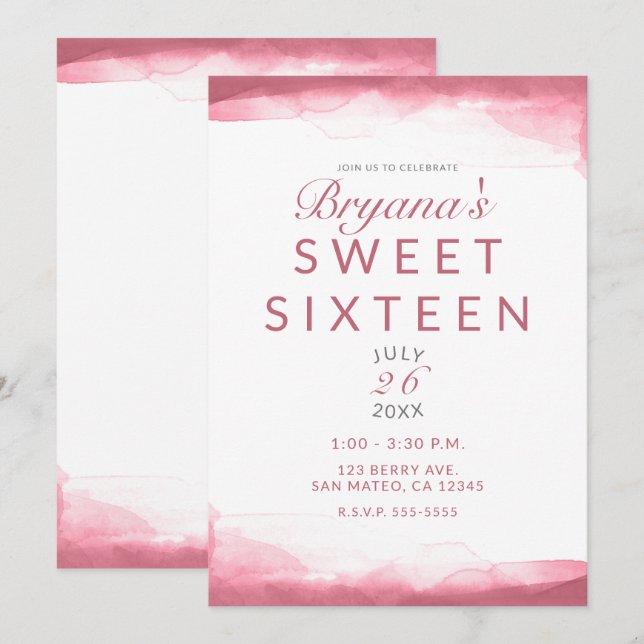 Invitación Rosa Malva de Frambuesa Acuarela Moderna Dulce 16 (Anverso / Reverso)