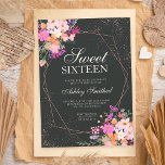 Invitación Rosa marco dorado color de agua floral rosa Sweet<br><div class="desc">Rosa marco geométrico dorado y tipografía de confeti purpurina 16 cumpleaños Sweet con ramas de hojas de acuarela florales de primavera pintadas a mano,  rosa,  naranja,  flores de lavanda morada amarilla sobre fondo oscuro,  perfecto para la fiesta de cumpleaños primavera y verano.</div>