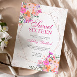 Invitación Rosa marco dorado color de agua floral rosa Sweet<br><div class="desc">Rosa marco geométrico dorado y tipografía de confetti purpurina 16 cumpleaños Sweet con ramas de hojas de acuarela florales de verano de primavera suave pintadas a mano,  flores de lavanda rosa,  naranja,  morado amarillo,  perfecto para la fiesta de cumpleaños primavera y verano.</div>