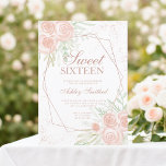 Invitación Rosa marco dorado color de agua floral rosa Sweet<br><div class="desc">Marco geométrico de oro Rosa y tipografía de confeti purpurina 16 años de dulce con ramas de hojas de color verde pintadas a mano ,  flores rosa pastel de color rosa,  perfecto para la fiesta de cumpleaños primavera y verano.</div>