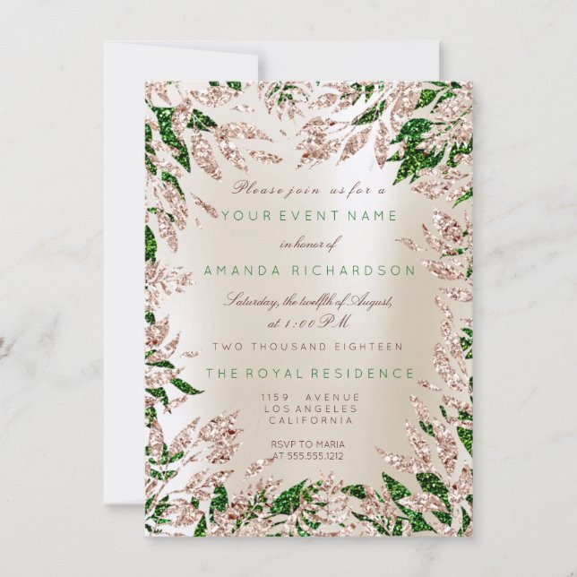 Invitación Rosa marfileña verde Purpurina de oro deja marco f (Anverso)