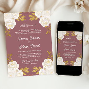 Invitación Rosa marfileño floral dorado Boda musulmán rosado