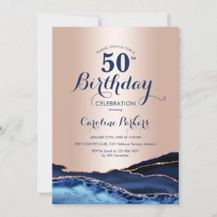 Invitación Rosa Marina de Oro Marble Azul 50 cumpleaños