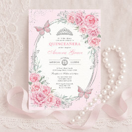 Invitación Rosa Mariposa de Quinceañera de Plata Rosa Suave