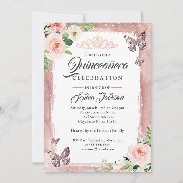 Invitación Rosa Mariposa Dorada Sparkle Floral Quinceanera (Anverso)