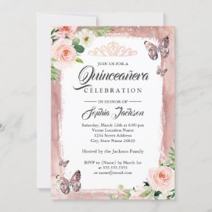 Invitación Rosa Mariposa Dorada Sparkle Floral Quinceanera