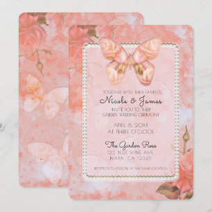 Invitación Rosa Mariposa Vintage Rosa Coral Elegante Boda