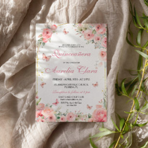 Invitación Rosa Mariposas de Oro Quinceañera
