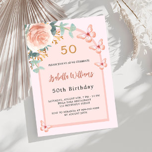 Invitación Rosa mariposas melocotón arco floral Cumpleaños