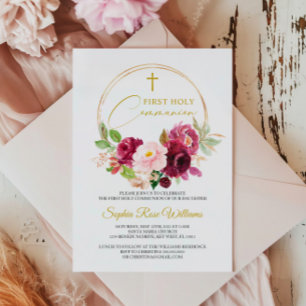 Invitación Rosa Maroon Floral Primera Santa Comunión