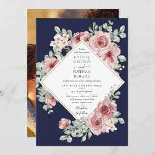 Invitación Rosa marrón azul marino Boda de oro floral foto