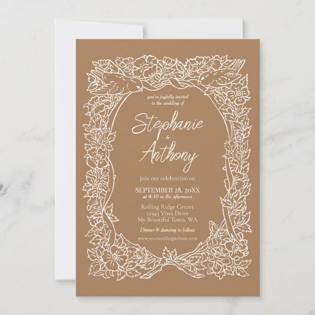 Invitación Rosa marrón claro otoño y Boda de borde de pájaro  (Anverso)