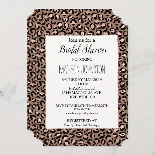 Invitación Rosa marrón de oro leopardo animal (Anverso / Reverso)