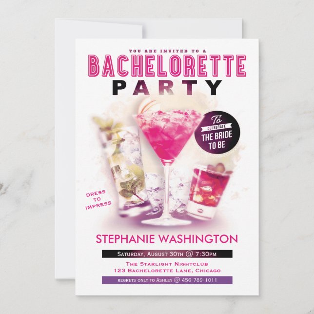 Invitación Rosa Martini del fiesta de Bachelorette y cócteles (Anverso)