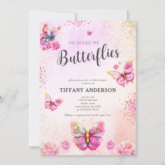 Invitación Rosa Me Da Mariposas Ducha De Novias (Anverso)