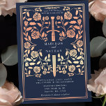Invitación Rosa medieval azul Boda de la espada de oro<br><div class="desc">¡Entra en una historia de romance y leyenda! Estas invitaciones de boda medievales de fantasía cuentan con una espada regal entrelazada con flores de oro rosa sobre un fondo azul profundo. Son perfectas para las parejas que buscan un toque encantador y atemporal para su día especial. Tenga en cuenta que...</div>