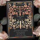 Invitación Rosa medieval negro Boda de espadas doradas<br><div class="desc">¡Entra en una historia de romance y leyenda! Estas invitaciones de boda medievales de fantasía cuentan con una espada regal entrelazada con flores de oro rosa sobre un telón de fondo negro. Son perfectas para las parejas que buscan un toque encantador y atemporal para su día especial. Tenga en cuenta...</div>