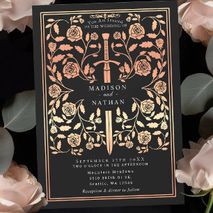 Invitación Rosa medieval negro Boda de espadas doradas