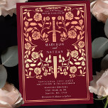 Invitación Rosa medieval rojo Boda de la espada de oro<br><div class="desc">¡Entra en una historia de romance y leyenda! Estas invitaciones de boda medievales de fantasía cuentan con una espada regia entrelazada con flores de oro rosa sobre un rico telón de fondo rojo. Son perfectas para las parejas que buscan un toque encantador y atemporal para su día especial. Tenga en...</div>