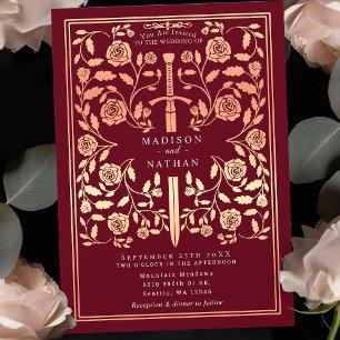 Invitación Rosa medieval rojo Boda de la espada de oro