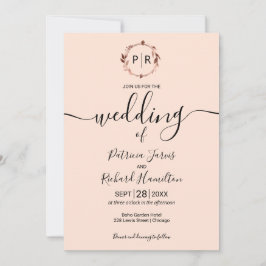 Invitación Rosa Melocotón Monograma Caligrafía Foto Boda