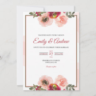 Invitación Rosa Melocotón Rubor Floral Elegante Boda Acuarela