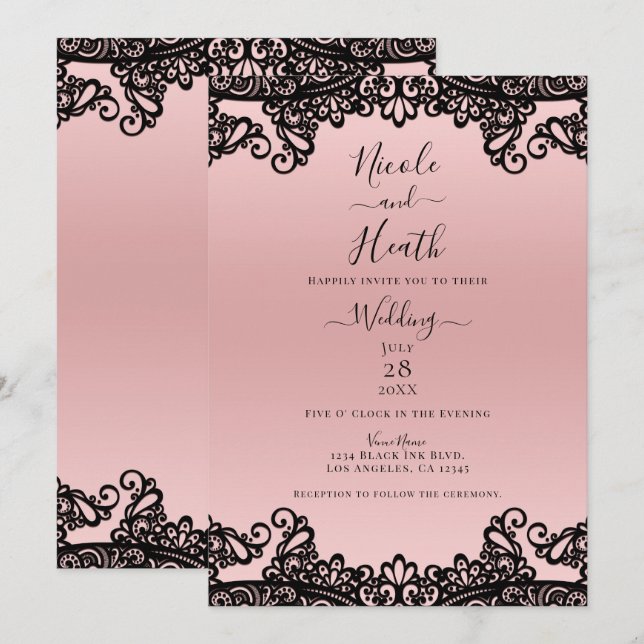 Invitación Rosa Melocotón Tinta Negra Encaje Elegante Boda (Anverso / Reverso)