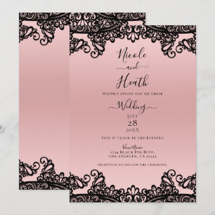 Invitación Rosa Melocotón Tinta Negra Encaje Elegante Boda