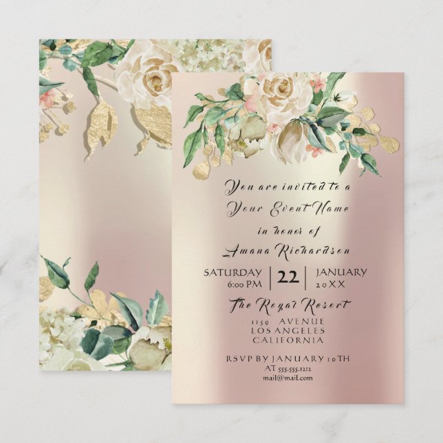 Invitación Rosa menta champán dorado floral acuarela perla (Anverso / Reverso)