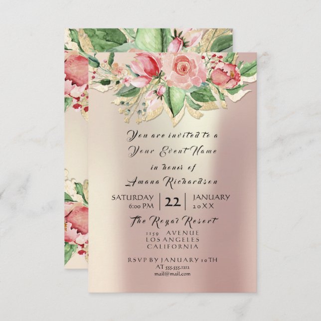 Invitación Rosa menta Champán Dorado Floral Aquarela Perla (Anverso / Reverso)