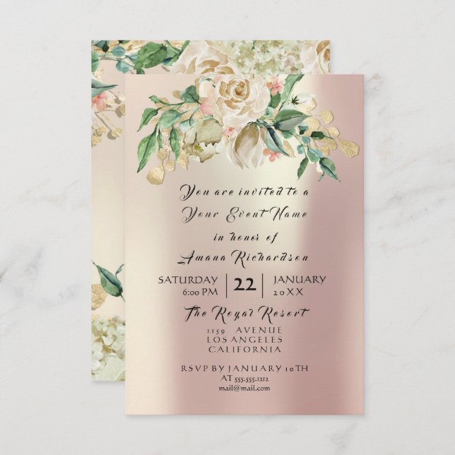 Invitación Rosa Menta Champán Oro Floral Aquarela Perla (Anverso / Reverso)