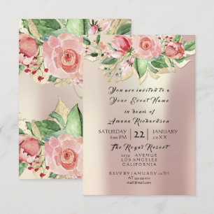 Invitación Rosa Menta Champán Oro Floral Aquarela Perla