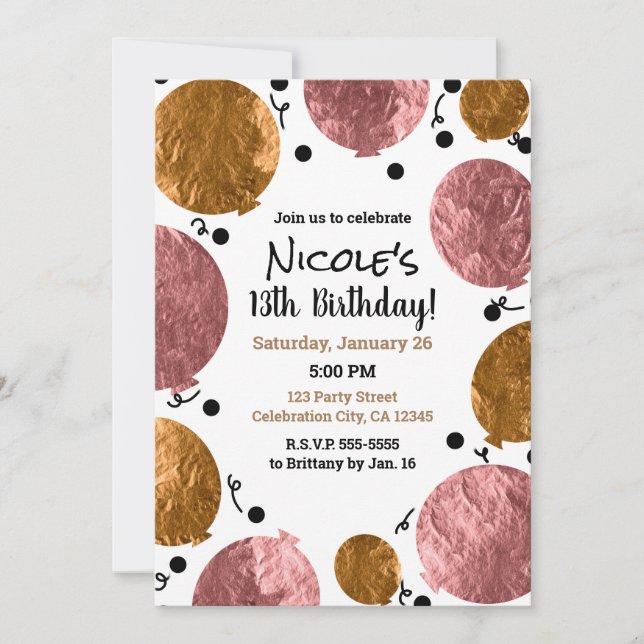 Invitación Rosa metálico Globos de Oro Celebración del cumple (Anverso)