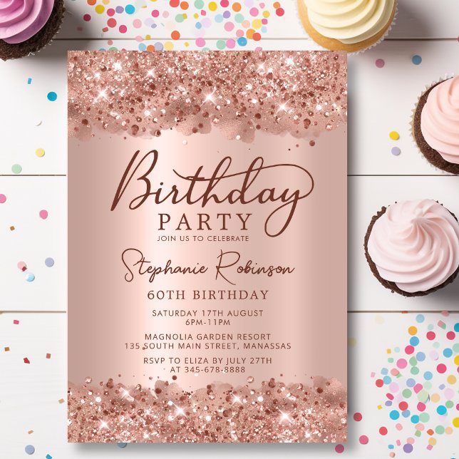 Invitación Rosa metálico moderno Purpurina de oro 60 cumpleañ (Subido por el creador)
