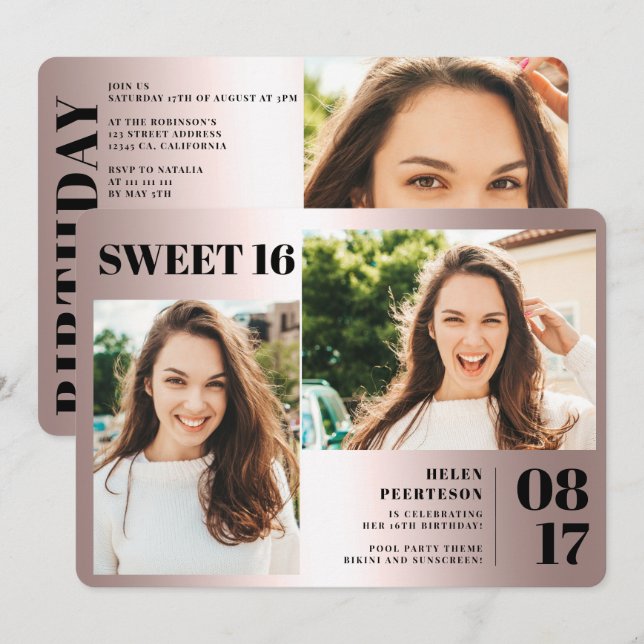 Invitación Rosa metálico negrita 3 fotos Sweet 16 cumpleaños (Anverso / Reverso)